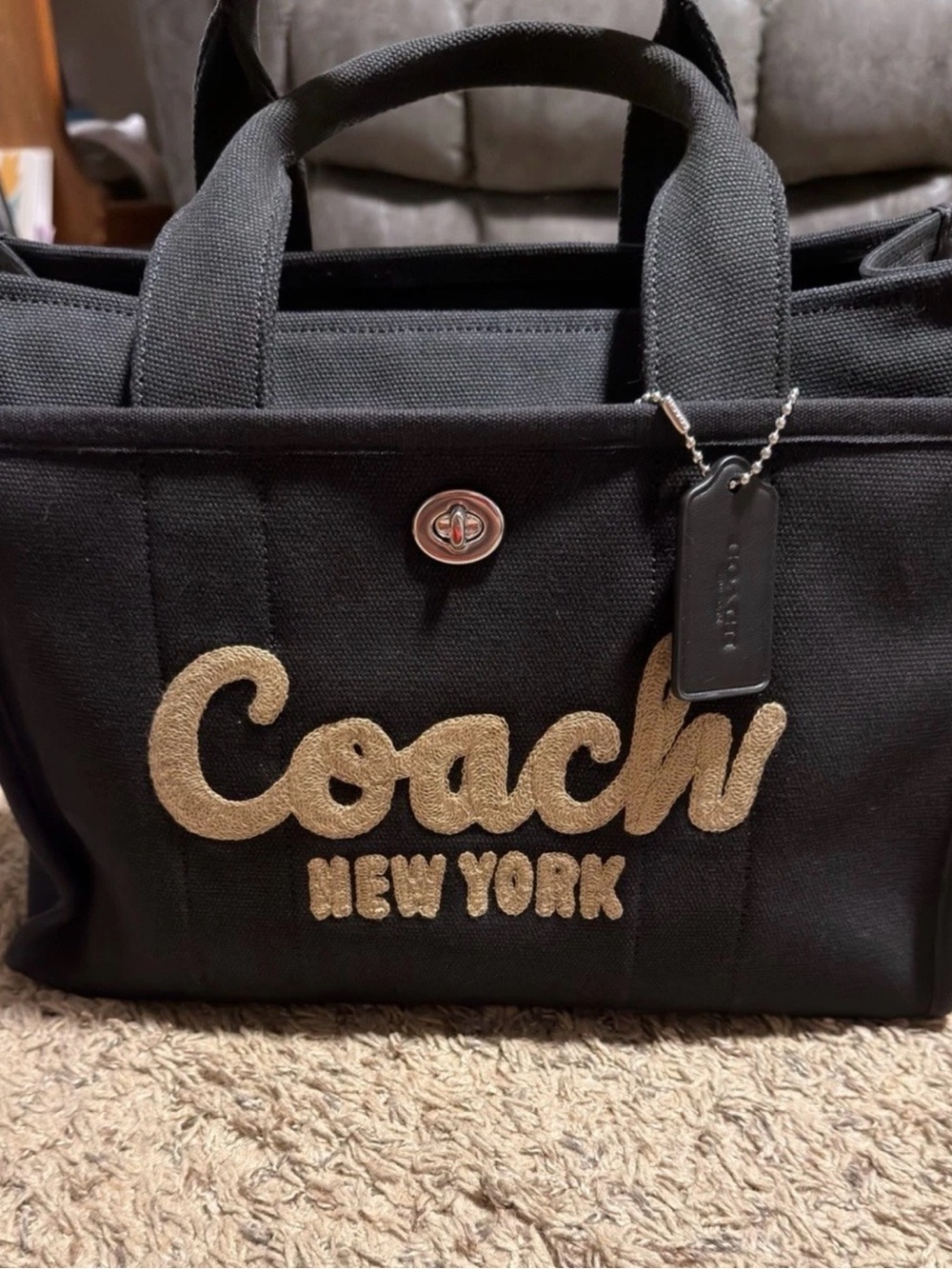 Coach Black Canvas Tote with Gold Logo Script